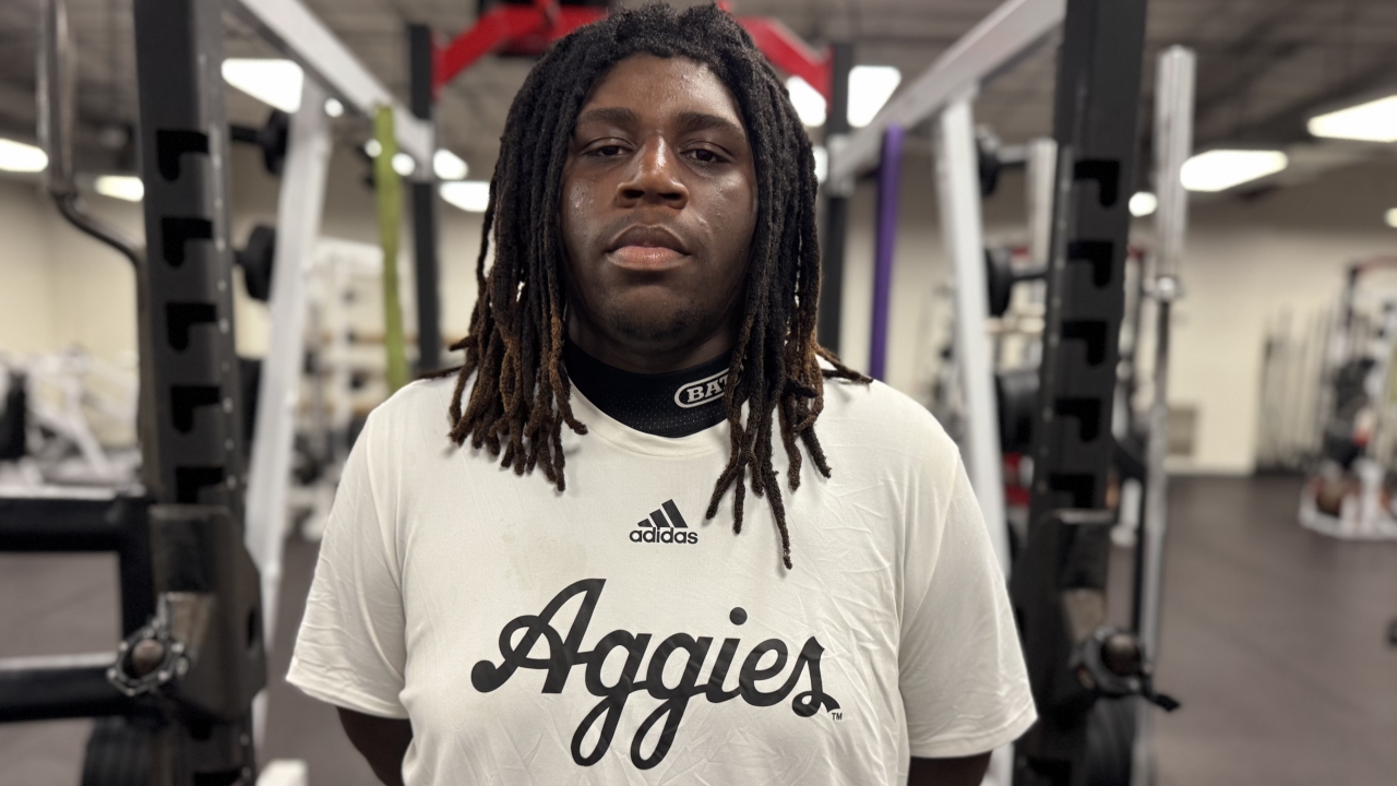Aggie OL pledge DeMarrion Johnson has seen growth in his game